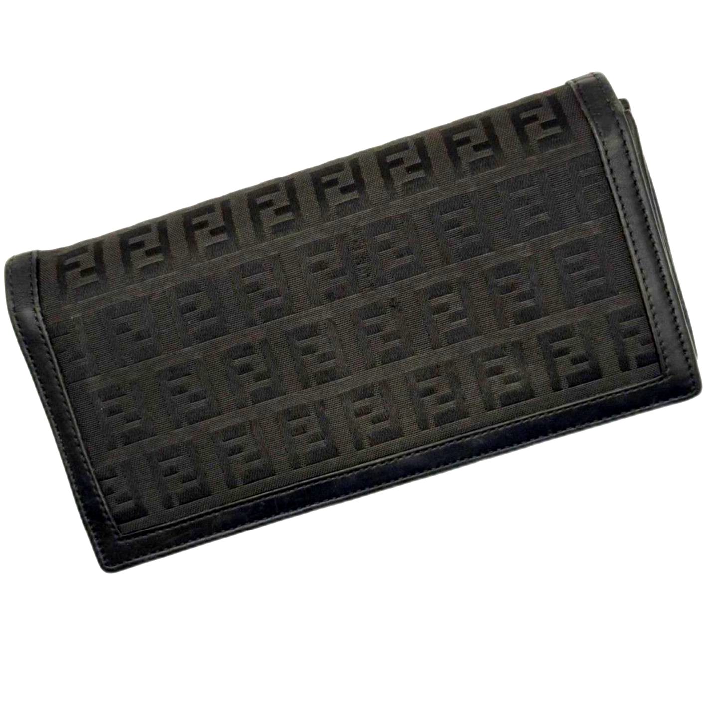 Fendi Zucca Ff Canvas Leather Vintage Continental Bifold Wallet Black Authentic